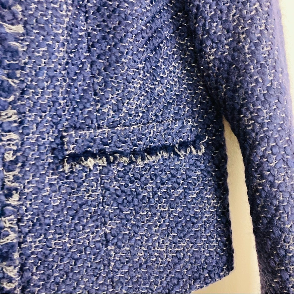 J. Crew navy blue tweed round neck button front lady jacket with frayed edges. 2 - Picture 5 of 8